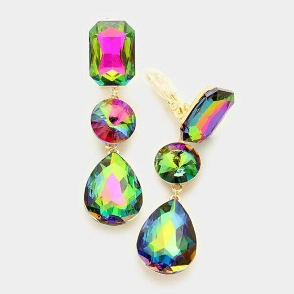 Triple Oil Spill Crystal Clip On Evening Earrings NWT - Picture 1 of 6